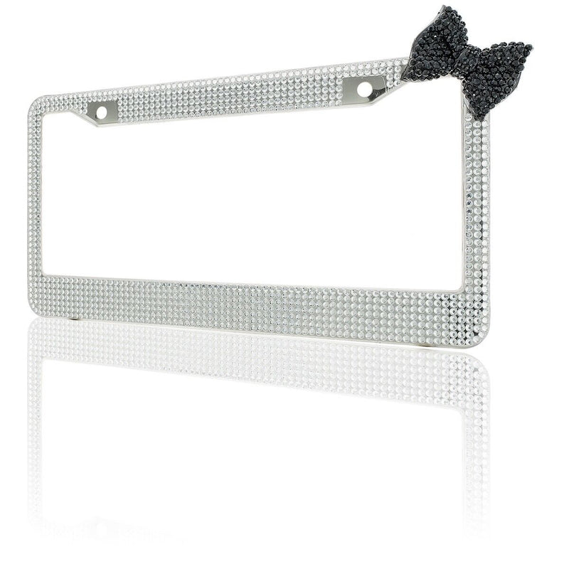 Clear 7 Rows Bling Diamond Crystal License Plate Frame With Corner Black Bow Tie