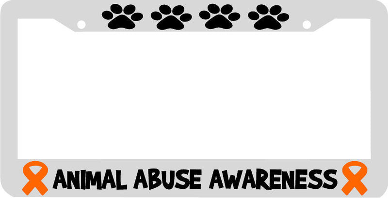 ANIMAL ABUSE Awareness orange ribbon WHITE PLASTIC License Plate Frame