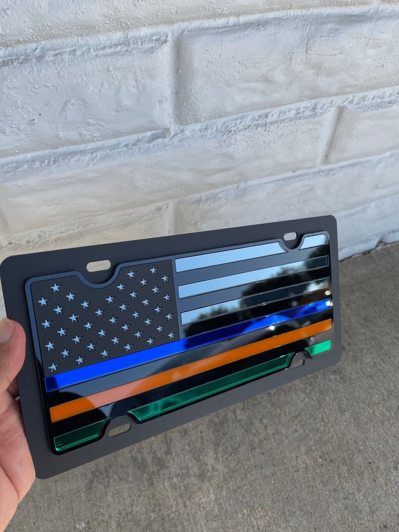 Thin Lines License Plate- Blue, Orange and Green Bars on Blacked Out USA Flag