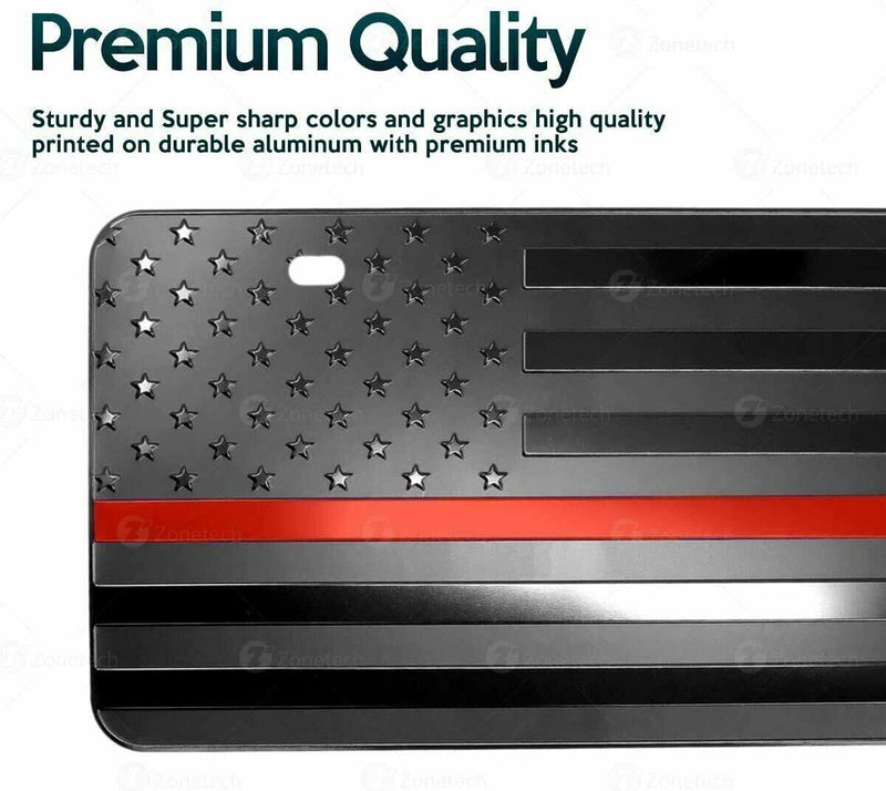 Black Aluminum Tactical Firefighter Flag Embossed License Plate Red Line