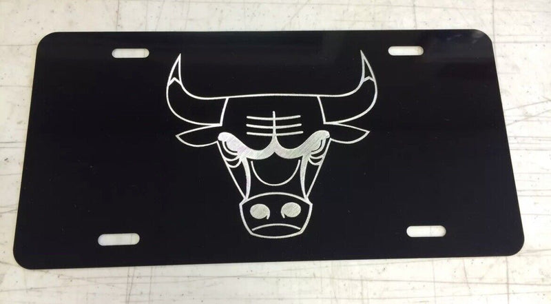 Chicago Bulls Logo Car Tag Diamond Etched on Black Aluminum License Plate