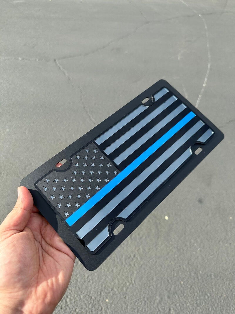 Blue Line Blacked Out USA Flag Mirror Acrylic License Plate Police Lives Matters