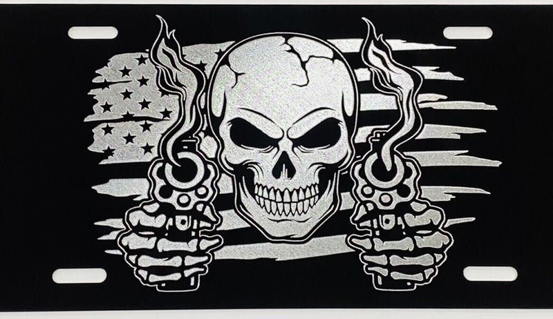 ENGRAVED US Flag Skull Gun Rights Car Tag Diamond Etched Metal License Plate
