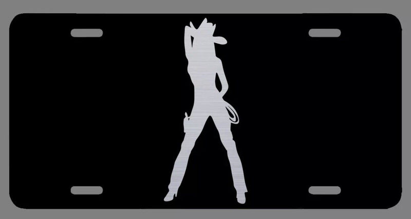 Cowgirl Laser Etched Metal License Plate Rodeo Barrel Racing Horse Tack Gear