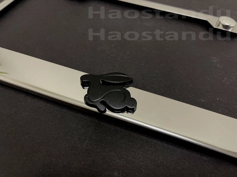 1x (Black) RABBIT 3D Emblem Stainless Steel Chrome License Plate Frame RUST FREE