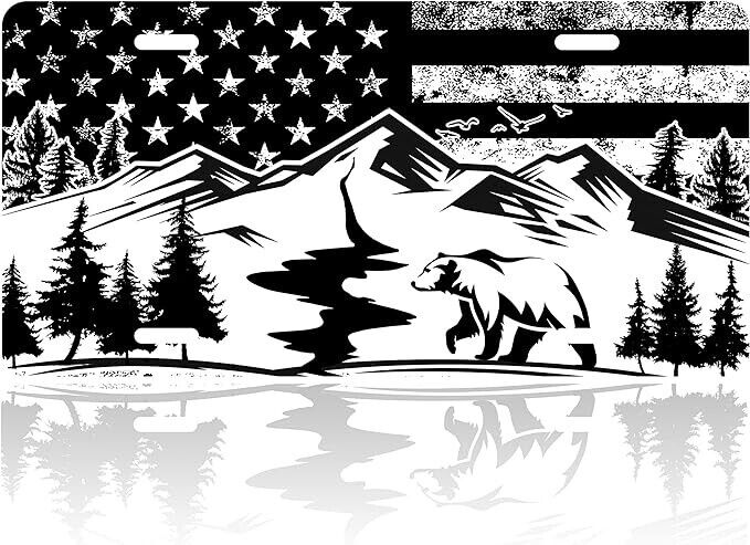 American Flag Mountains Bear Metal License Plate Including Mounting Hardware