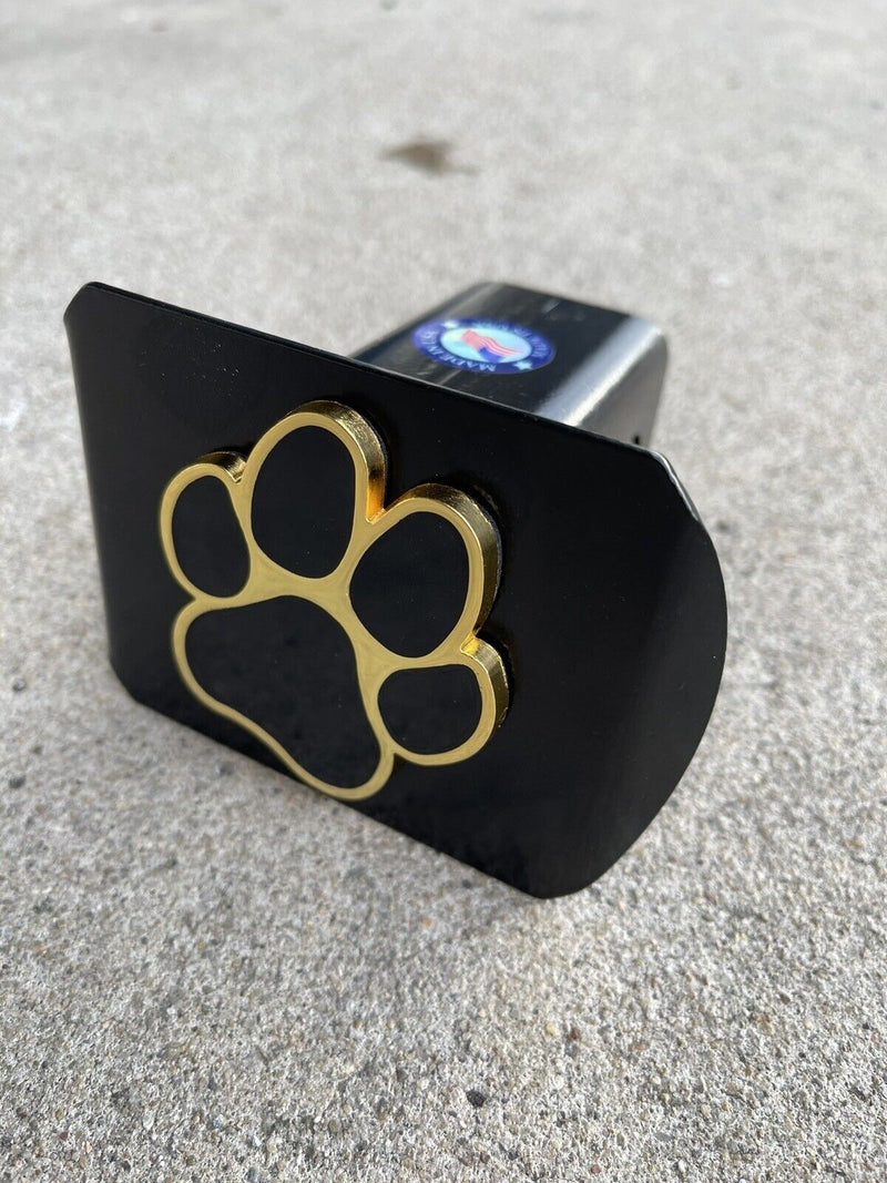 Dog Paw Emblem Metal Trailer Hitch Cover (Fit 2" Receivers, Gold & Black)