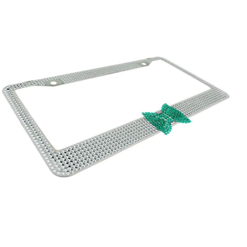 Clear 7 Rows Bling Diamond Crystal License Plate Frame With Green Bow Tie