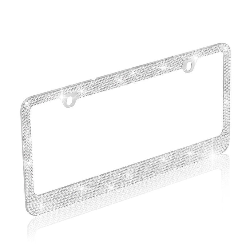 Rust Proof Metal Silver Crystal Bling License Plate Frame Universal Fit