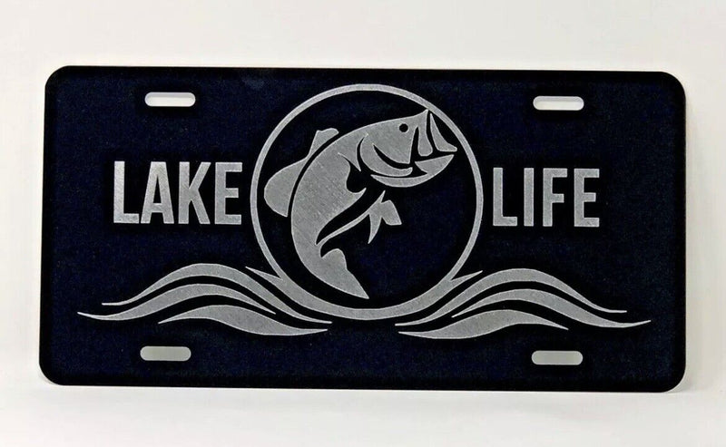 Lake Life logo Car Tag Diamond Etched on Black Aluminum License Plate