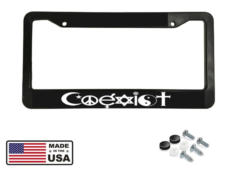 COEXIST PEACE CHRISTIAN MUSLIM JEWISH LOVE JOY Black License Plate Frame NEW
