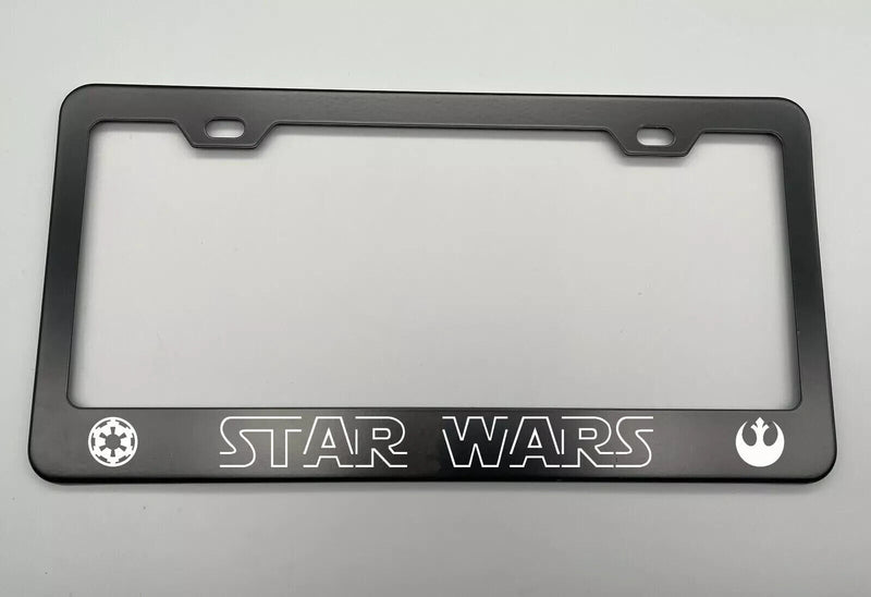 laser engraved Star Wars BLACK Stainless Metal License Plate Frame