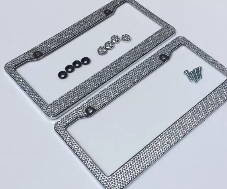 2x Metal License Plate Frame Bling Rhinestone Chrome Crystal Diamond