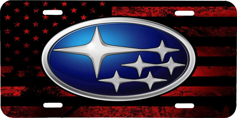 SUBARU LOGO DISTRESSED RED USA FLAG VEHICLE LICENSE PLATE AUTO FRONT TAG .040 GA