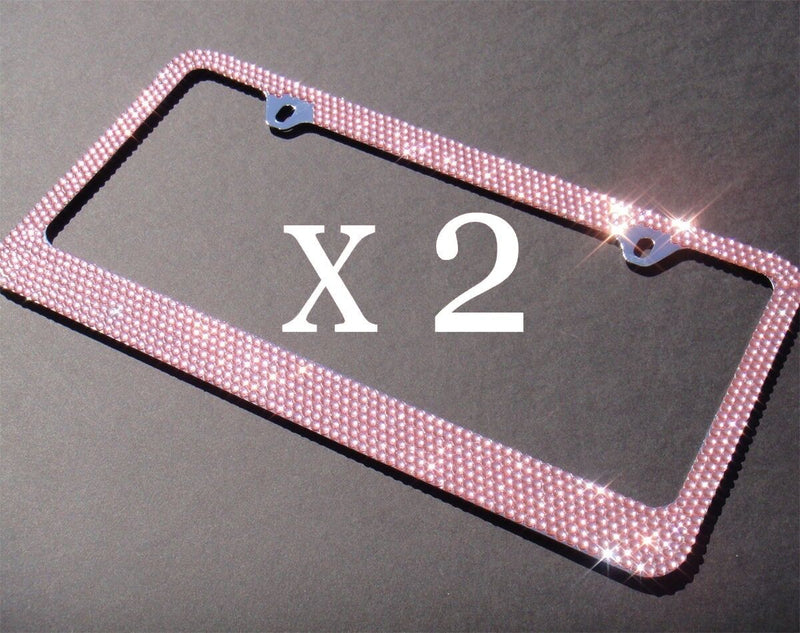 2 PCS Bling 7 Rows PINK Crystal Diamond Metal License Plate Frame+ Free Caps