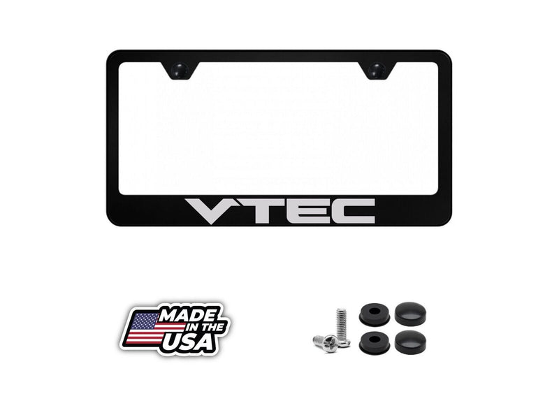VTEC Black Stainless Steel Laser Engraved License Plate Frame Holder Rust Free