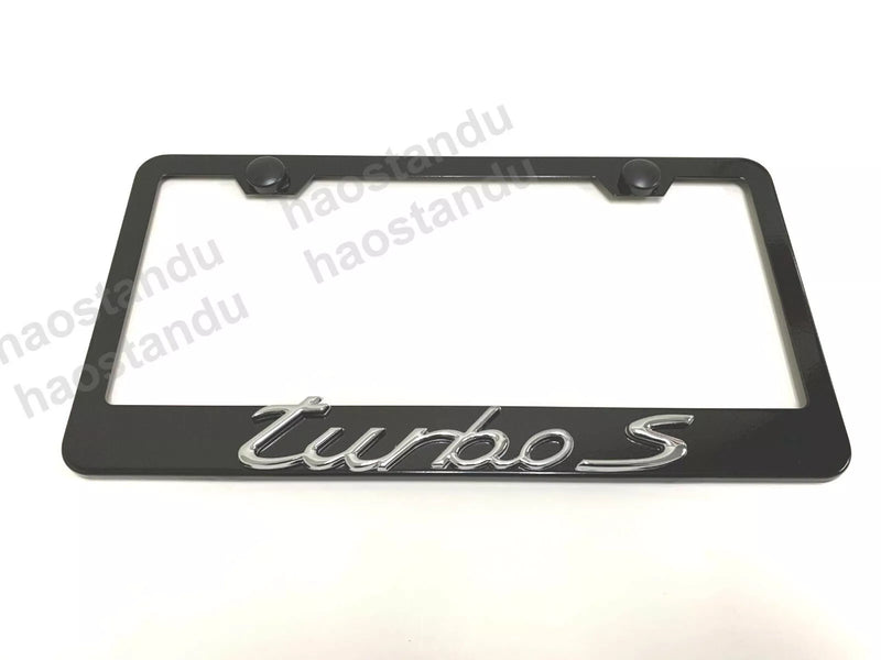 1x "TURBO S" 3D Emblem BLACK Stainless License Plate Frame RUST FREE + Screw Cap