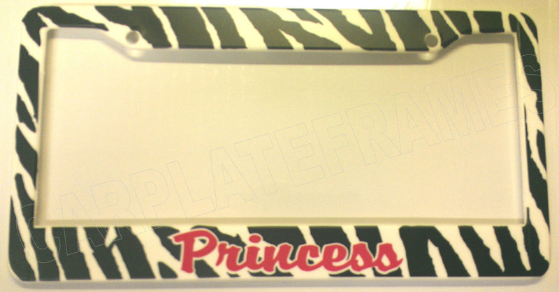 PRINCESS ZEBRA STRIPES BLACK WHITE PATTERN PINK LETTERS License Plate Frame