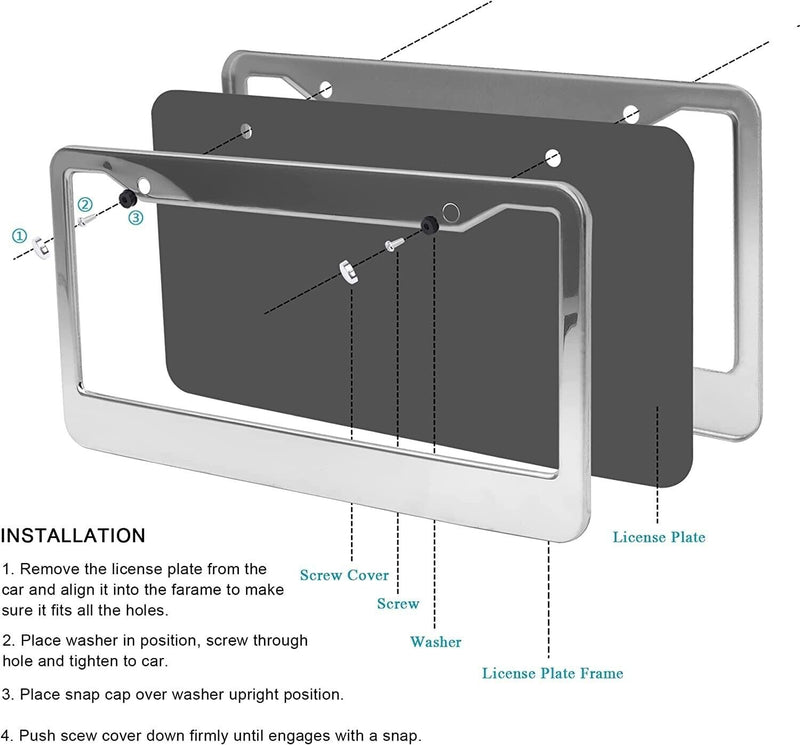 2 x Heavy Duty Stainless Steel Metal License Plate Frame with Mounting Hardware