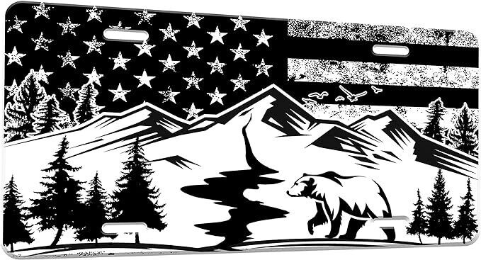 American Flag Mountains Bear Metal License Plate Including Mounting Hardware