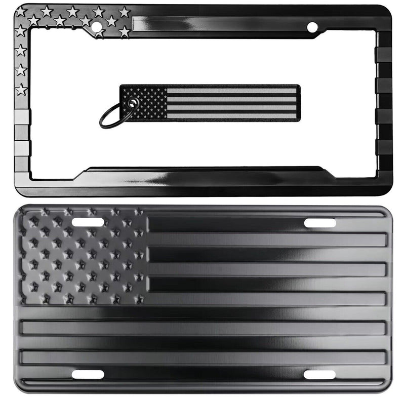American flag Embossed license plate & Frame Key Chain Combo Set Black On Black