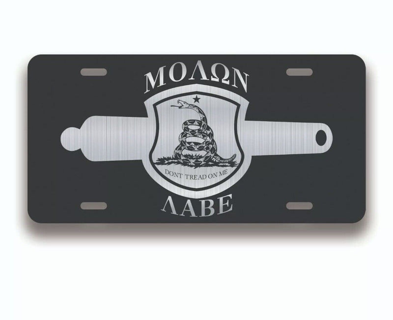 MOLON LABE GADSDEN FLAG CREST LICENSE PLATE TAG FRONT ALUMINUM 6 INCH BY 12 INCH