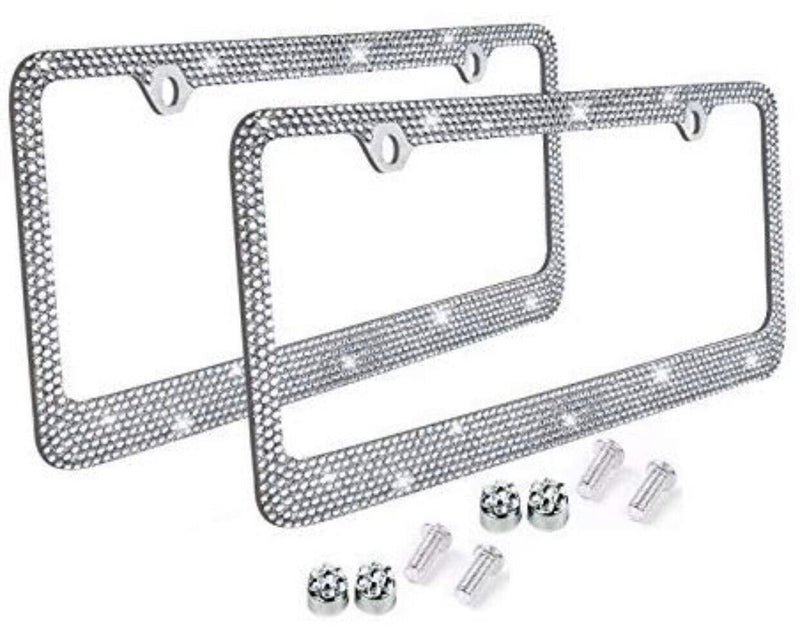 2 Silver Metal Diamond Bling Glitter License Plate Frame Cover Crystal RhineSton