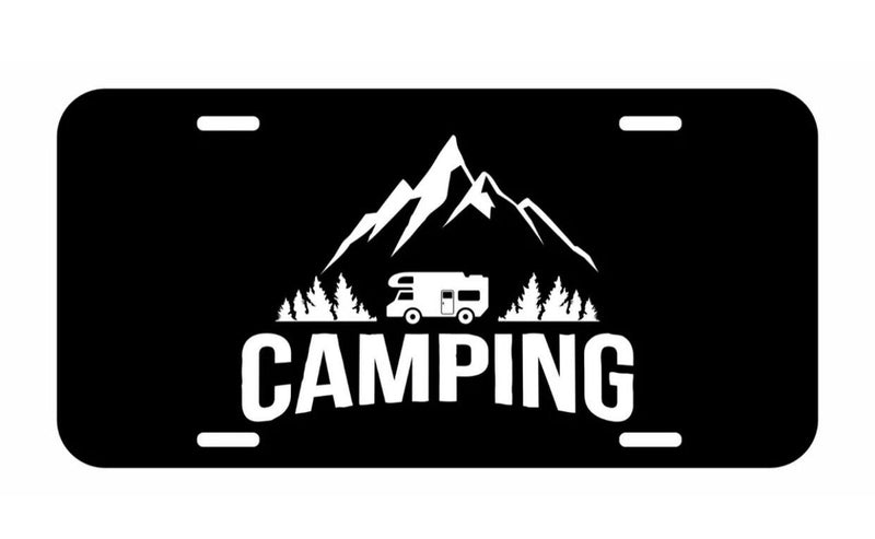 Adventure Awaits RV Motorhome Camping Vanity Aluminum Metal Black License Plate