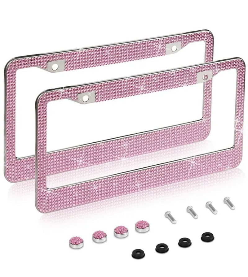 2Pcs Crystal Bling License Plate Frame W/ Screw Cap Covers, Women Car Accessories