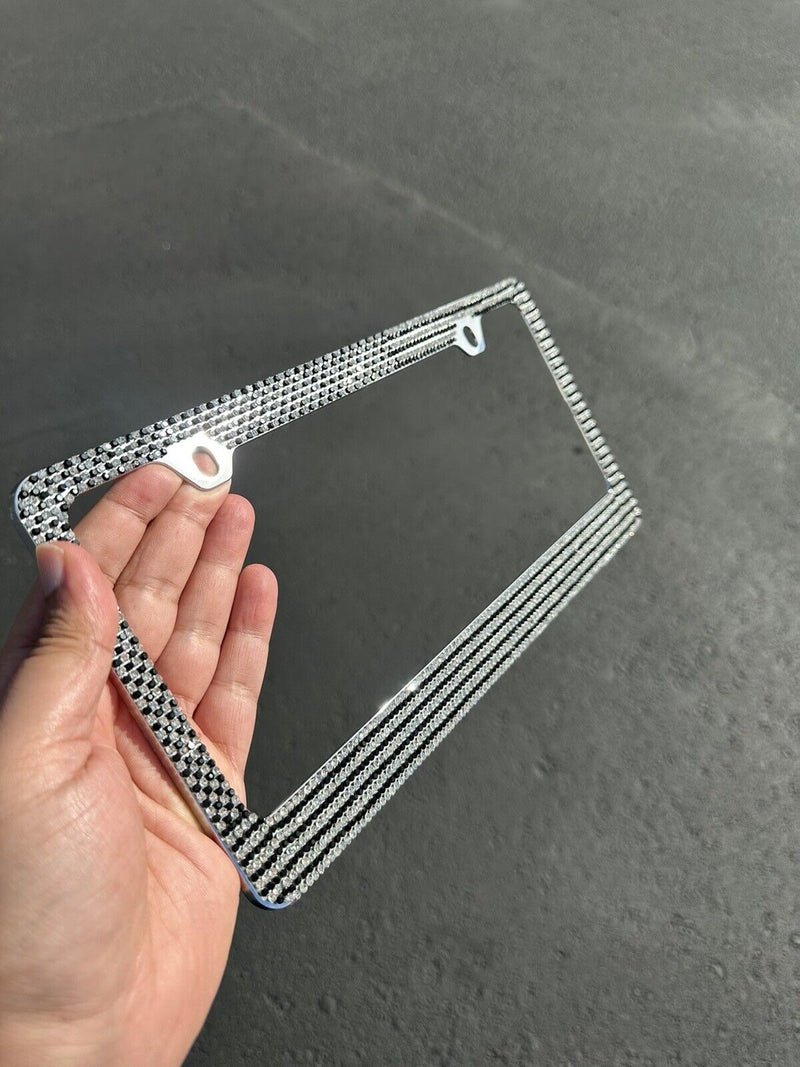 Metal Black USA American Flag Crystal Glitter License Plate Frame Universal Fit
