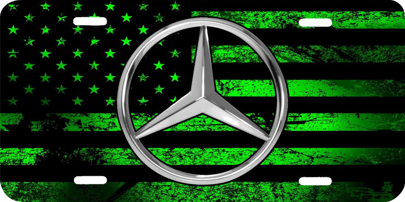 MERCEDES LOGO PRINTED GREEN AND GRAY AMERICAN FLAG VEHICLE LICENSE PLATE CAR TAG