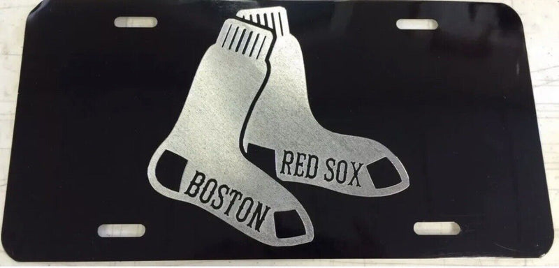 Engraved Boston Red Sox Car Tag Diamond Etched Black Silver Vanity License Plate