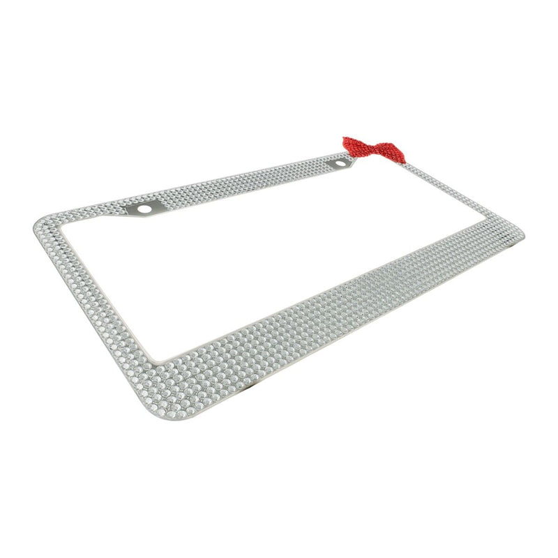 Clear 7 Rows Bling Diamond Crystal License Plate Frame With Corner Red Bow Tie