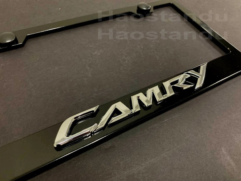 1x For CAMRY 3D Emblem BLACK Stainless License Plate Frame RUST FREE +S.Cap (NEW)