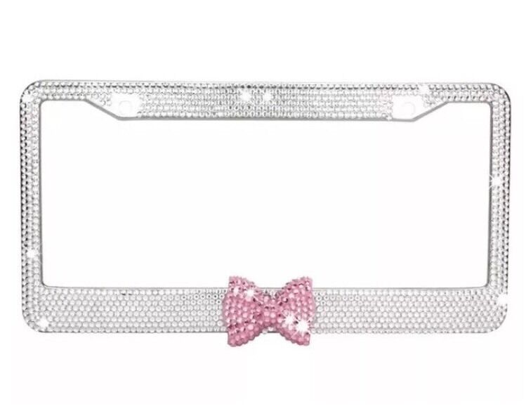 Clear 7 Rows Bling Diamond Crystal License Plate Frame With Pink Bow Tie