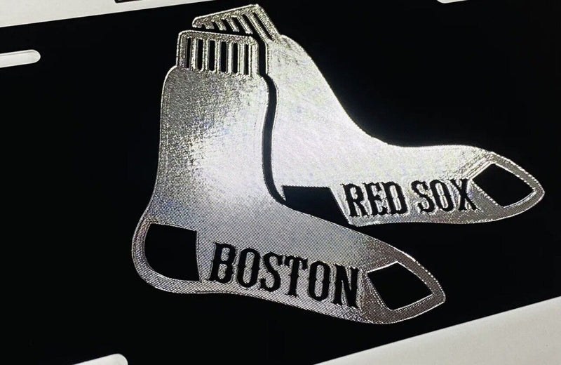 Engraved Boston Red Sox Car Tag Diamond Etched Black Silver Vanity License Plate