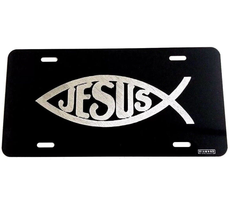Christian Fish Jesus logo Car Tag Diamond Etched on Black Aluminum License Plate