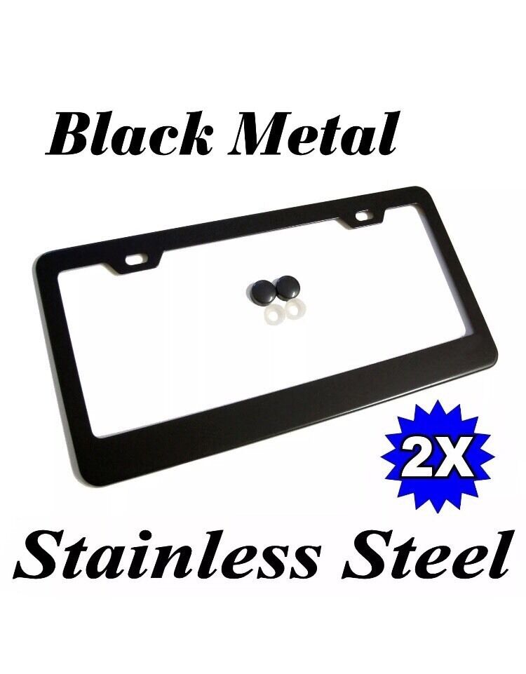 2PCS BLACK STAINLESS STEEL METAL LICENSE Plate Frame COVER SCREW CAPS+Screws