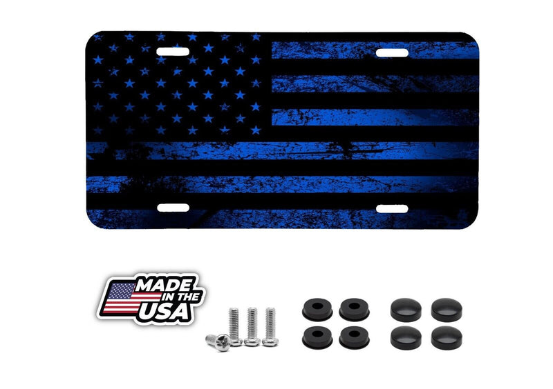 DISTRESSED AMERICAN FLAG IN BLUE AND BLACK VEHICLE LICENSE PLATE AUTO CAR