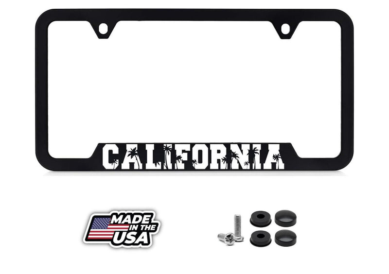 CALIFORNIA Universal Black Stainless Steel License Plate Frame - Palm Trees