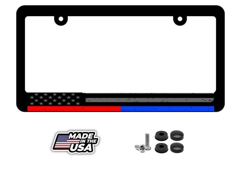 Support Police Fire Fighters Grunge Style USA American Flag License Plate Frame