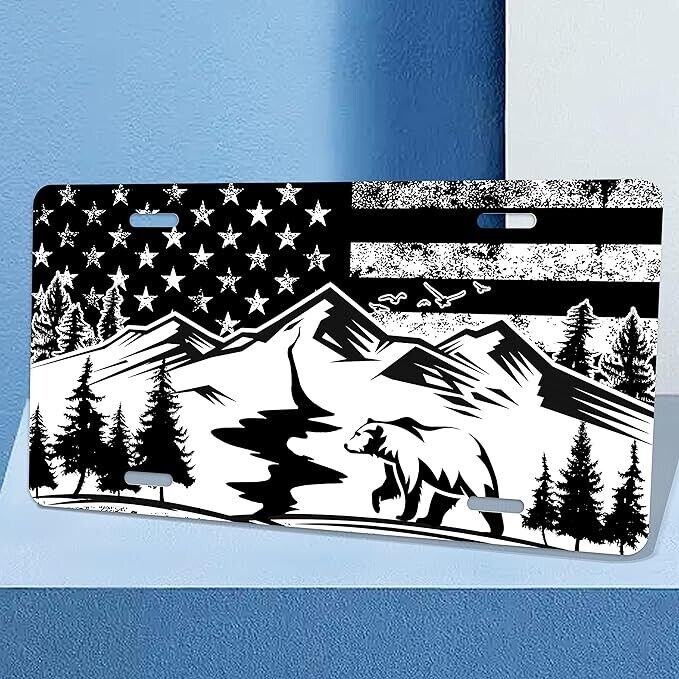 American Flag Mountains Bear Metal License Plate Including Mounting Hardware