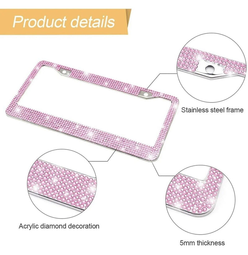 2Pcs Crystal Bling License Plate Frame W/ Screw Cap Covers, Women Car Accessories
