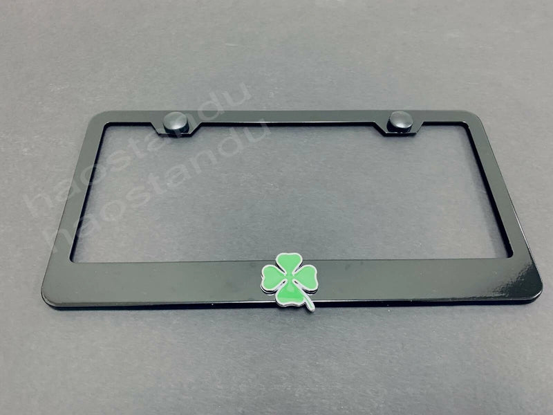 1x QUADRIFOGLIO 3D Emblem BLACK Stainless License Plate Frame Four Leaf Clover