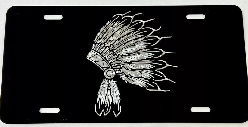 Engraved Native Indians Hat Car Tag Etched Black Metal License Plate Gift
