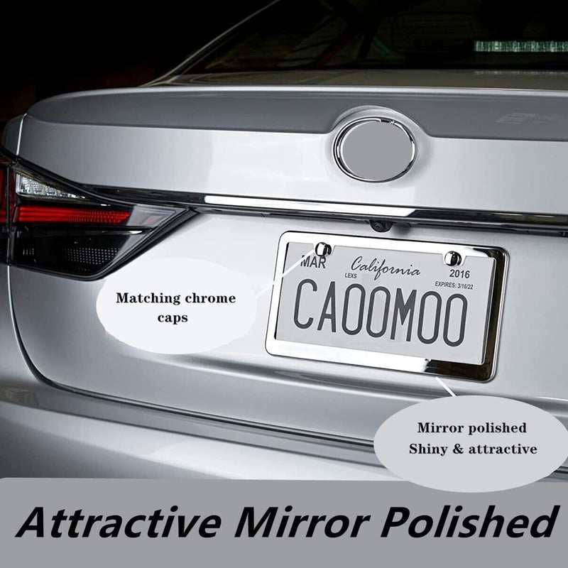 2 x Mirror Polished Stainless Steel Metal License Plate Frame