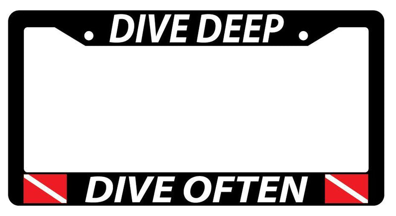 Black License Plate Frame DIVE DEEP DIVE OFTEN w/FLAG LOGOS Auto Accessory  Mod-GRAPH9856236-1101