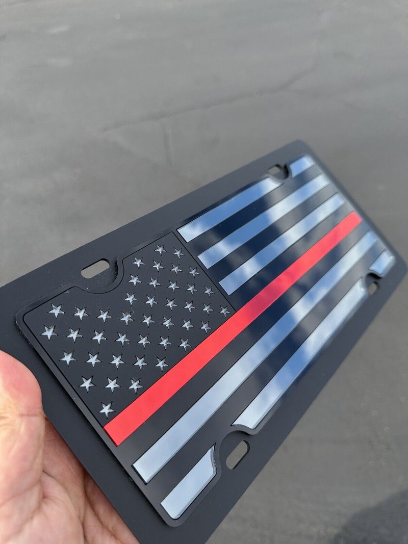Premium License Plate American Flag w/ Thin Red Line Black Mirror Acrylic