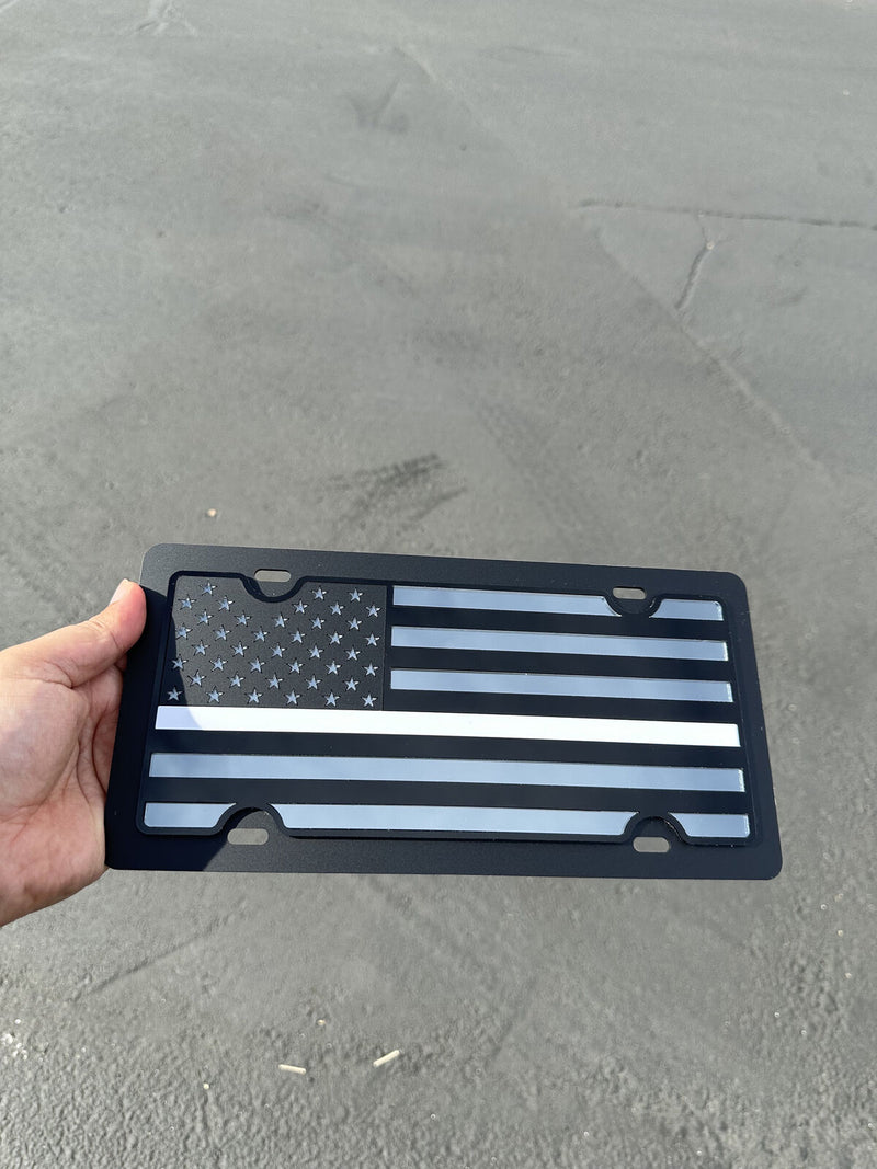 American Flag White Thin Line Acrylic Vanity License Plate Blacked Out Tactical