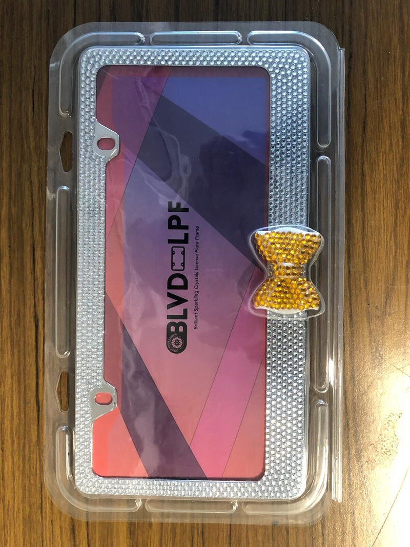 Clear 7 Rows Bling Diamond Crystal License Plate Frame With Gold Bow Tie